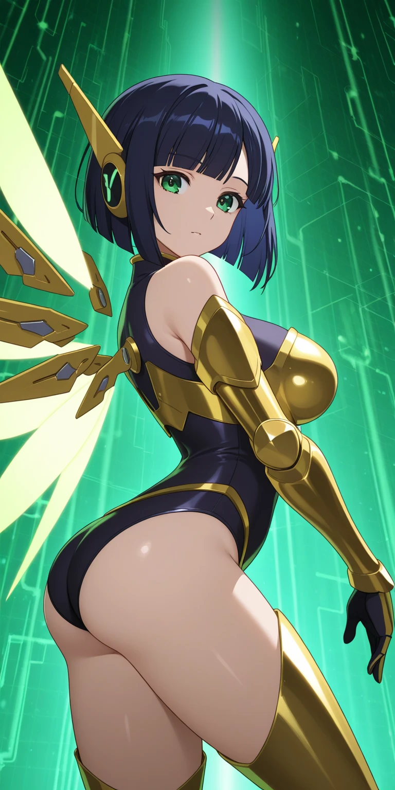 masterpiece+++++, alone, Fusion Satin and Insanely Shiny Wasp Yellow Exoskeleton Bio Insect Leotard, yellow and black striped boots, wasp transparent wings, Hornet antennae, Honeycomb Print, Yellow and black striped fur, Wicked Smile, Laugh cruelly, Open your mouth, Black hair streaks yellow hair, Large Breasts, dark heroine, Villain, Dynamic pose, Battlefield Background, (Clear details of the landscape)++,
