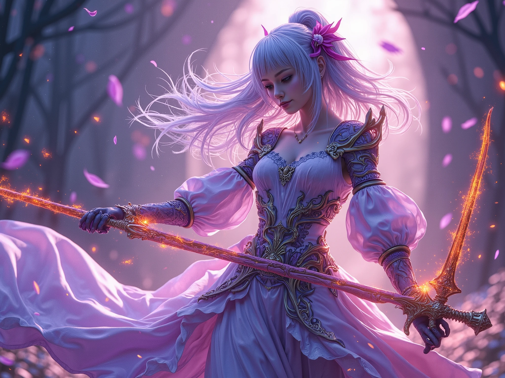 Best Quality,4K,8k,hi-res,masterpiece:1.2,Super Detailed,realistic:1.37,HDR,ultra high resolution,Ultra Fine Painting,clear focus,Physically Based Rendering,Extremely detailed description of the surroundings,Professional,Art Nouveau,tarot card style, (2 characters), dynamic angle, Dynamic Poses, intense expressions, full body, alien woman, A guardian spirit accompanies the female magical swordsman who wields the Sword of Fire. The sword has an ethereal energy The . Women are protected by guardian spirits, has a pleasant and powerful presence ., Tied with flowing silver hair., showcases the finest craftsmanship in the medium of digital illustration, with JRPG elements . この場面はbright color彩に満ちている, captures the essence of a fantasy world . lighting emits warm light, emphasizes the intricate details of the female magic sword , and guardian spirit . A female magic swordsman gracefully manipulates weapons , adds a magical and fascinating element to the scene , The atmosphere is reminiscent of the Final Fantasy X world., Concept art inspired by Jean Giraud Mevius, The overall quality of the images generated is top notch , with Super Detailed visuals to bring this captivating composition to life. The artwork is reminiscent of a masterpiece, Concept art inspired by Jean Giraud Mevius., Amano Yoshitaka Kaze , Fractalized , Organic exoskeleton , glass exoskeleton ,Exotic plants,(Bioluminescent bacteria),bright color, Light Purple Hues ,It has become a hot topic on CGSOCIETY,Landscape,horror,SF,Concept artist,明るくbright color,dreamy lighting