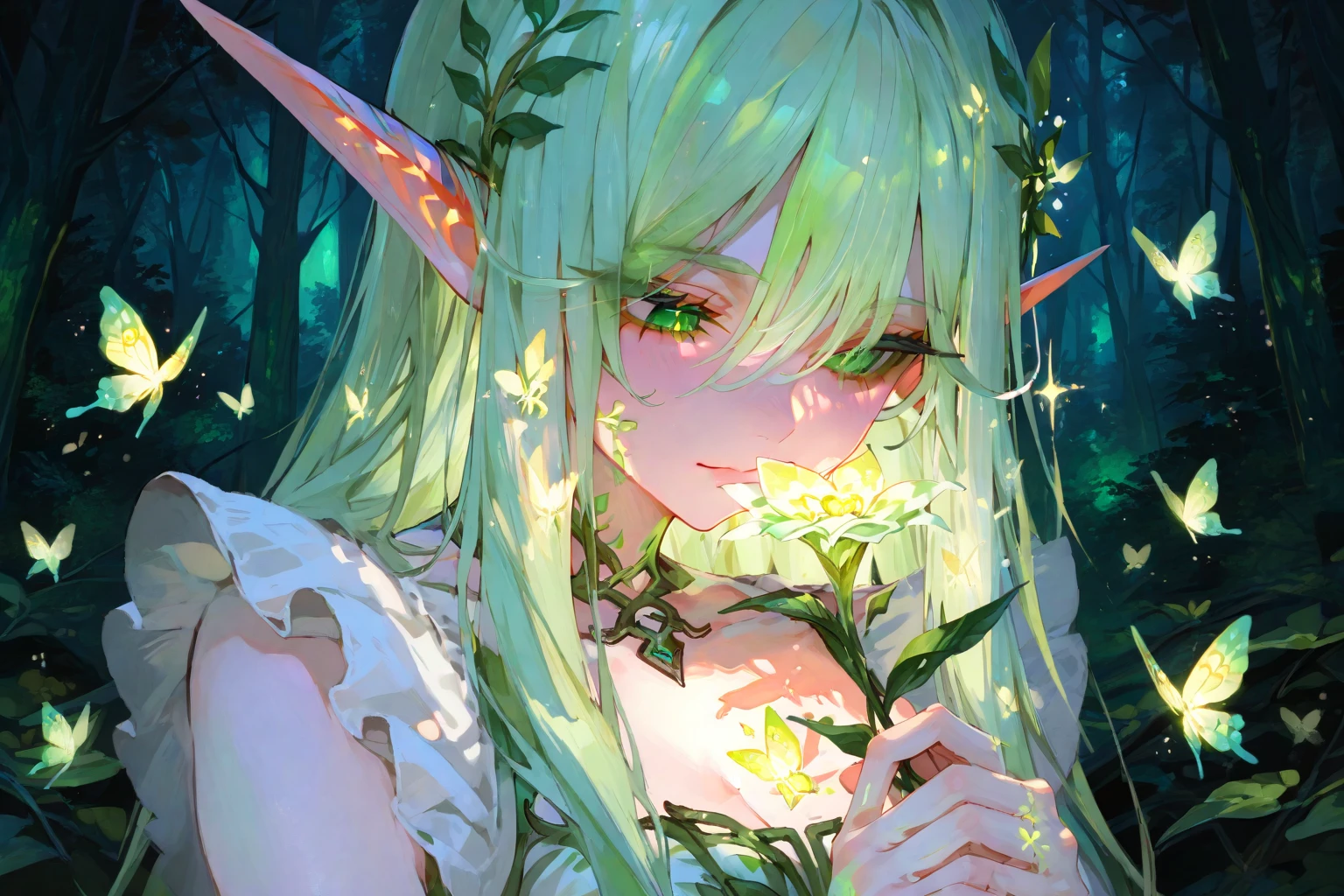 In a dark forest, a lone elf with her clothes on, sits atop a solitary flower growing from the rocky ground. Her delicate features and pointed ears are illuminated by a faint bioluminescent glow in the green florest. She has a human size and human characteristics