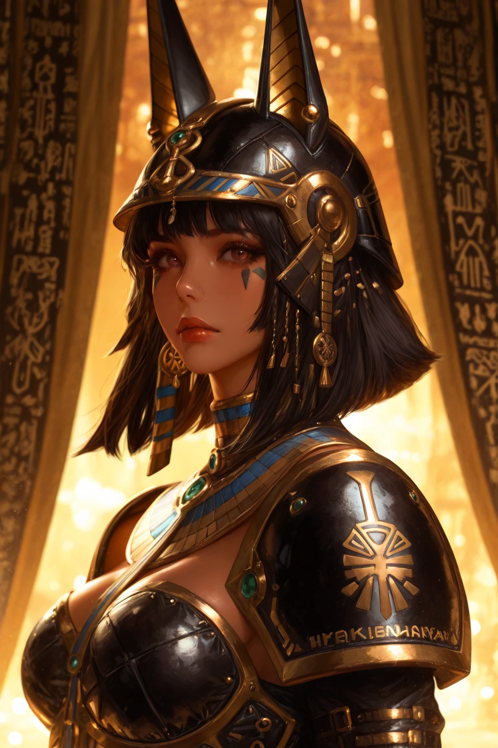 Mature female, dark skin, yellow eyes, bob cut, blue hair, lips, toned, Egyptian, Egypt clothes, sand, cleavage