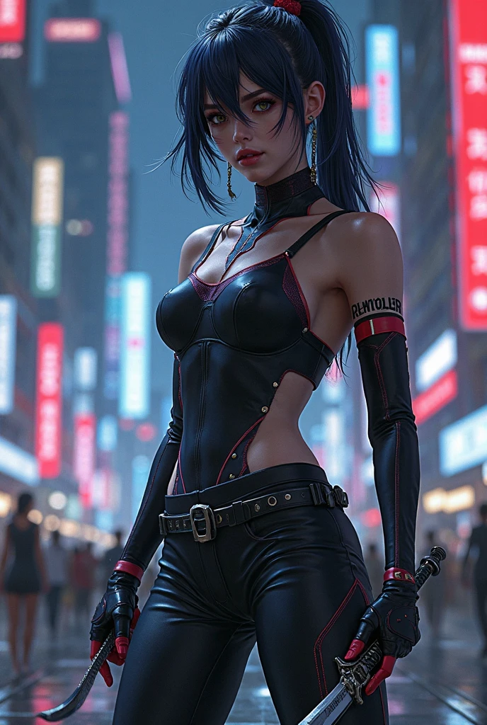 (best quality,4k,highres,masterpiece:1.2),ultra-detailed,realistic,sexy cyberpunk blue hair nerd girl in leather bikini,portraits,neon-lit,cityscape,glowing tattoos,laser guns,cybernetic enhancements,dystopian future,computer hacking skills,technological gadgets,dark alleyways,futuristic skyscrapers,defiant expression,fierce and confident attitude,multiple piercings,metallic accessories,vivid colors,ambient lighting,vibrant nightlife.