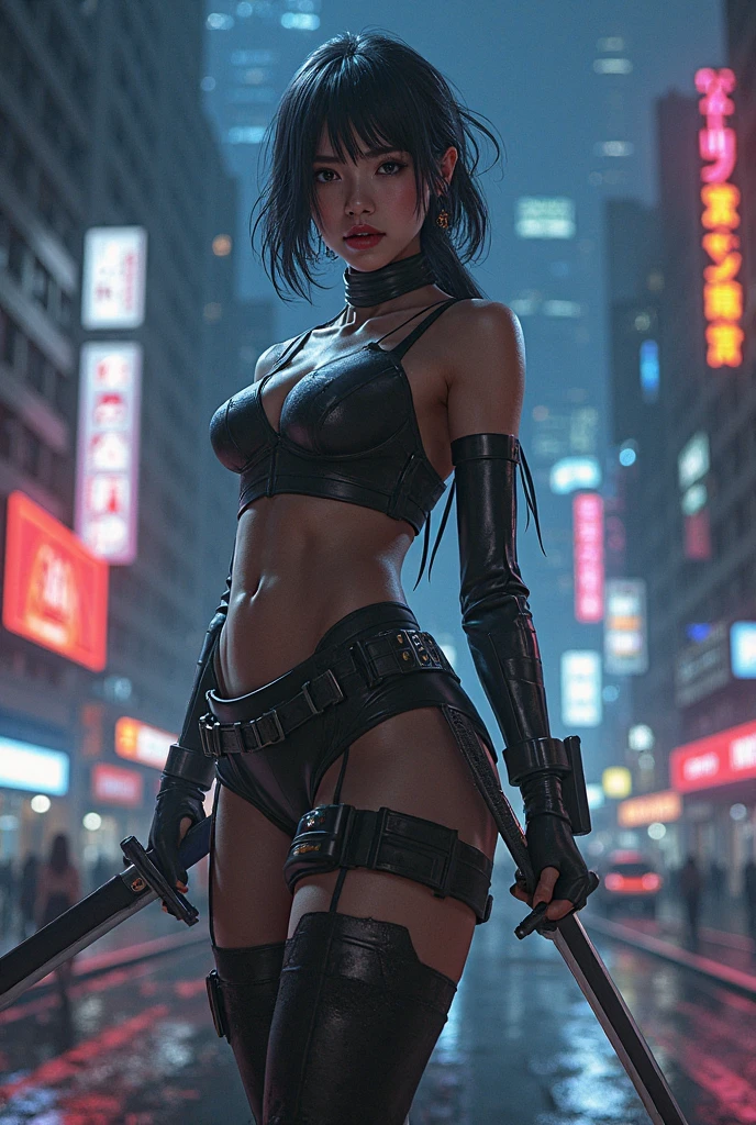 a futuristic female warrior holding a katana, (finely detailed skin), pale skin, (in a deep neckline highly detailed sexy futuristic cyberpunk black crop top and underpants made of circuit boards, japanese words with a flare effect, beautiful epic composition, futuristic, masterpiece, appealing, posing for a photo