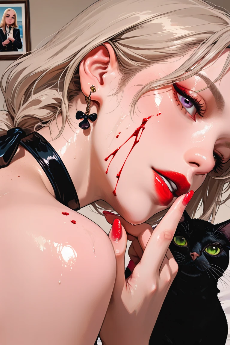  Pistol illustration,Place the pistol in the center of the screen,I wear a choker on the black cat, , ,  Vivid details,  artilove blow style    , ,  close-up photo , photorealistic  ,  very detailed,black hairｋｉｋｉred ribbon /(Greatest Masterpiece/top quality/high resolution)Hydrated red lips/"shiny skin that floats on the lower back"nails/close his mouth//((Blood on the woman's face))