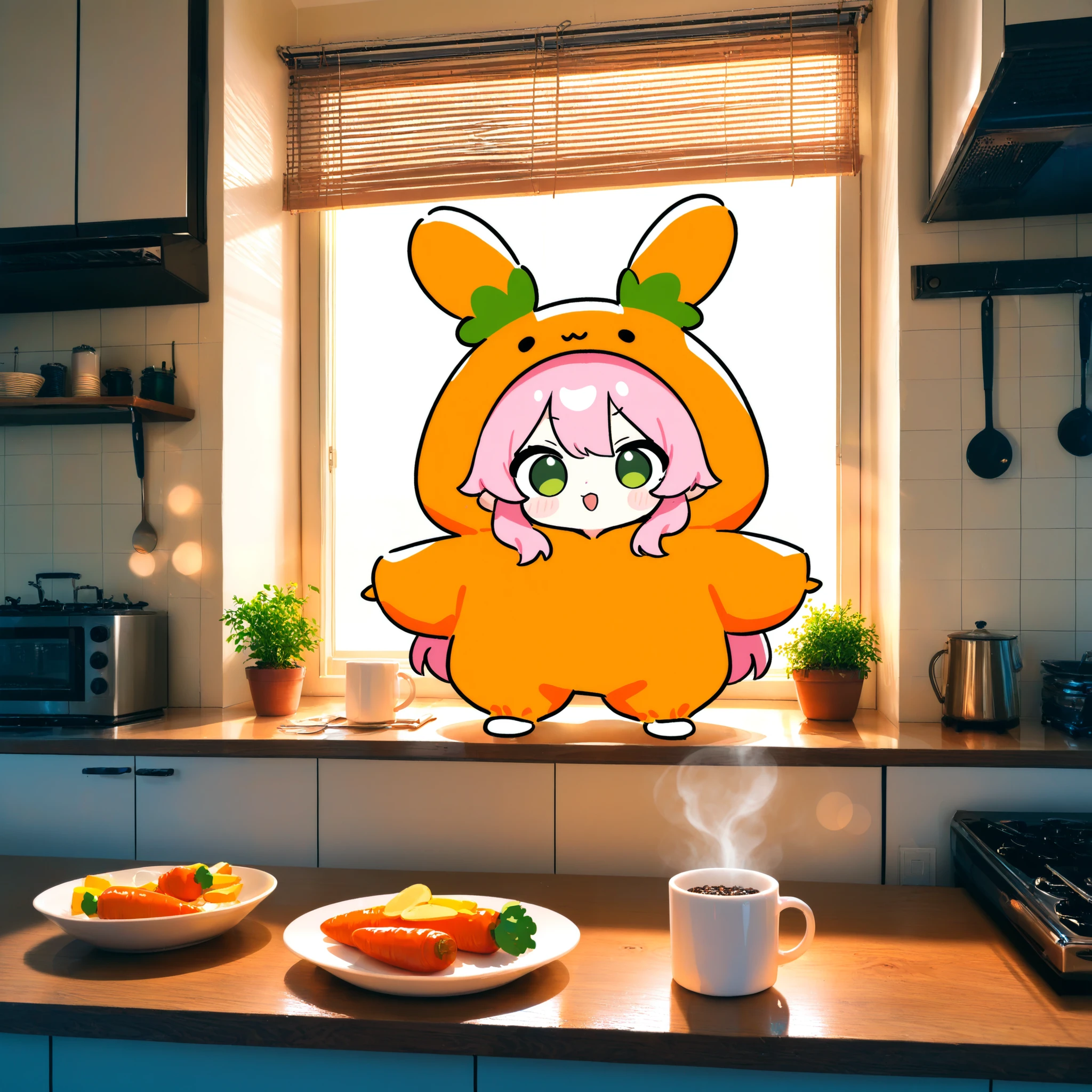 Precise and Exciting Anime、 chibi、 carrot costume 、pink long straight hair、green eyes、Dread
photo background: sunlit summer morning kitchen interior, warm golden light streaming through a window, clean wooden countertop with neatly stacked ceramic plates, soft shadows, a steaming mug beside the dishes, hanging utensils glinting in the light, simple and cozy atmosphere, hints of breakfast preparation, small potted herbs on the windowsill
