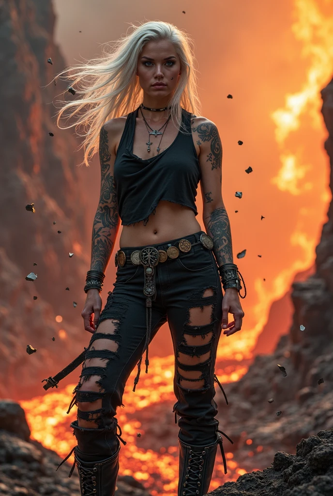 Realistic photo of attractive, delicate and beautiful woman with freckles, grey-green eyes, long black hair with neon green and orange highlights, piercing, tattooed, dressed in torn black rags, barefoot, tied and suspended by chains in a volcanic crater with a river of lava and flying moths  