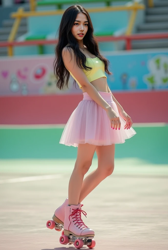 a girl with a white tank top and black pants and a pink tutu. long hair and white skin. big boobs and breasts and a big ass visible through the tight pants