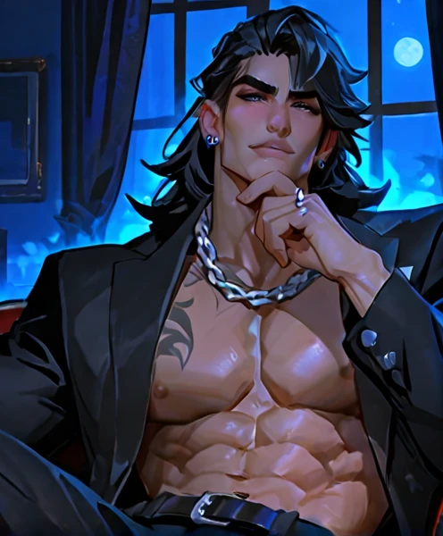 Rocker man, exaggeratedly muscular body, huge pecs, big ass, thick thighs, handsome face, detailed eyes, black hair shaved on the sides, blue eyes, mischievous smile, ear piercing, silver chain around his neck. He's wearing a black leather jacket and ripped jeans.