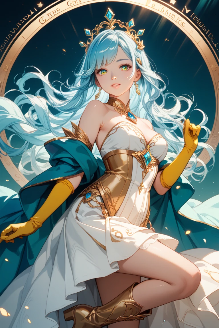 Young woman walking with chains with light blue hair and elf ears with white horns in a cathedral at night in a sexy white wedding dress all wet, Ela tem um corpo volumoso e os seios, breasts and bust are huge, ela tem um rosto macio delicado lindo e perfeito. Water particles and magic bubbles hang in the air and bubbles made of water