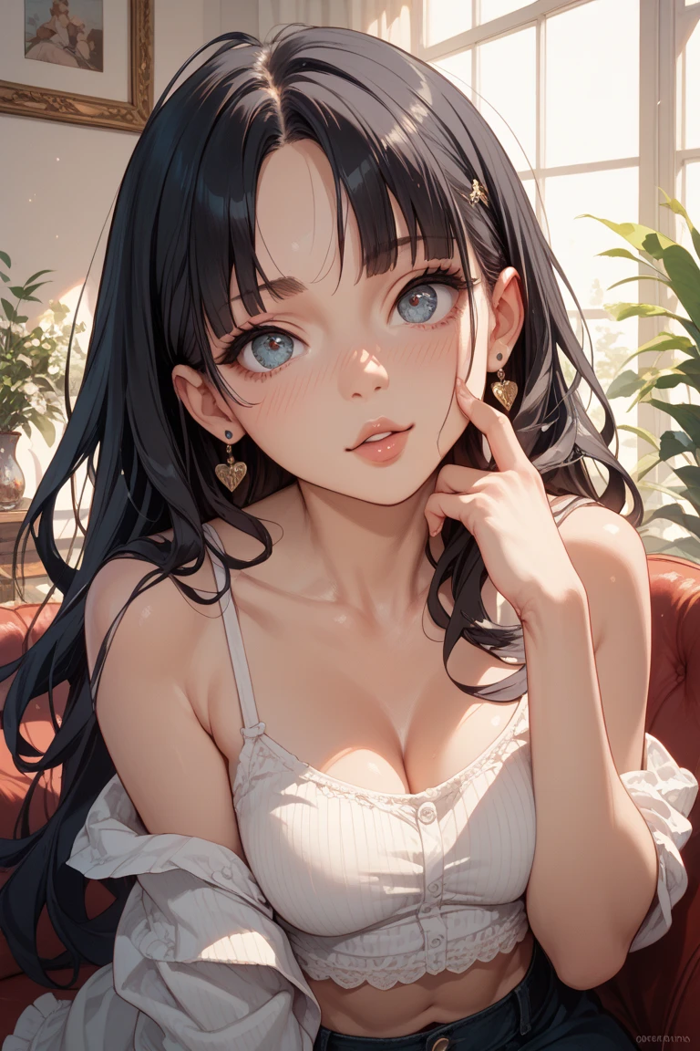 Perfect body, Sensual cleavage, Medium chest, Black suit, Christmas Costumes, Ultra HD, 4K images, Top view of the character, Best image quality, (Faithfulness: 1.4), Bright green spherical eyes, eyelash, Beautiful Eyes, Shadow , A little blush, Delicate facial features, Suitable Facial Features, Exposed shoulders, Exposing the waist