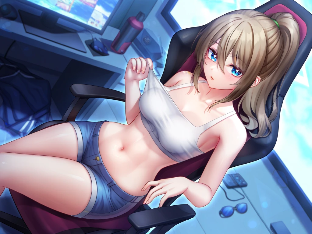Create a masterpiece, high-quality image of a beautiful, sexy anime lofi girl with long blonde hair sitting at her gaming PC in a cozy lounge setting. She has bright blue eyes and is smiling, looking directly at the camera. She is wearing a tank top and shorts, showing her shoulder and midriff. The scene should be warm and inviting, with soft ambient lighting and comfortable seating. The gaming setup includes a high-end PC with multiple monitors, RGB lighting, and various gaming accessories. The overall atmosphere is relaxed and serene. The image should have a high resolution and be super detailed, with the girl barefoot and the setting illuminated by a small lamp, creating a sense of depth and intimacy