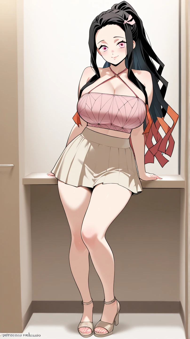 Uzumaki_kushina,huge breasts, beautiful face:1.3,butt hole,navel, cleavage ,bellybutton,off the shoulder:1.8,body facing front,full body shot,standing,skirt up
