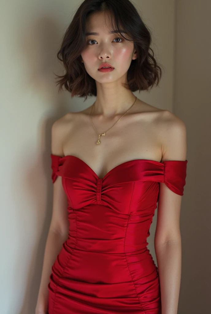 detailed background, masterpiece, best quality, 1 person , curly hair, long hair, purple eyes, star in eye , sharp red Strapless blouse, long skirt, red color