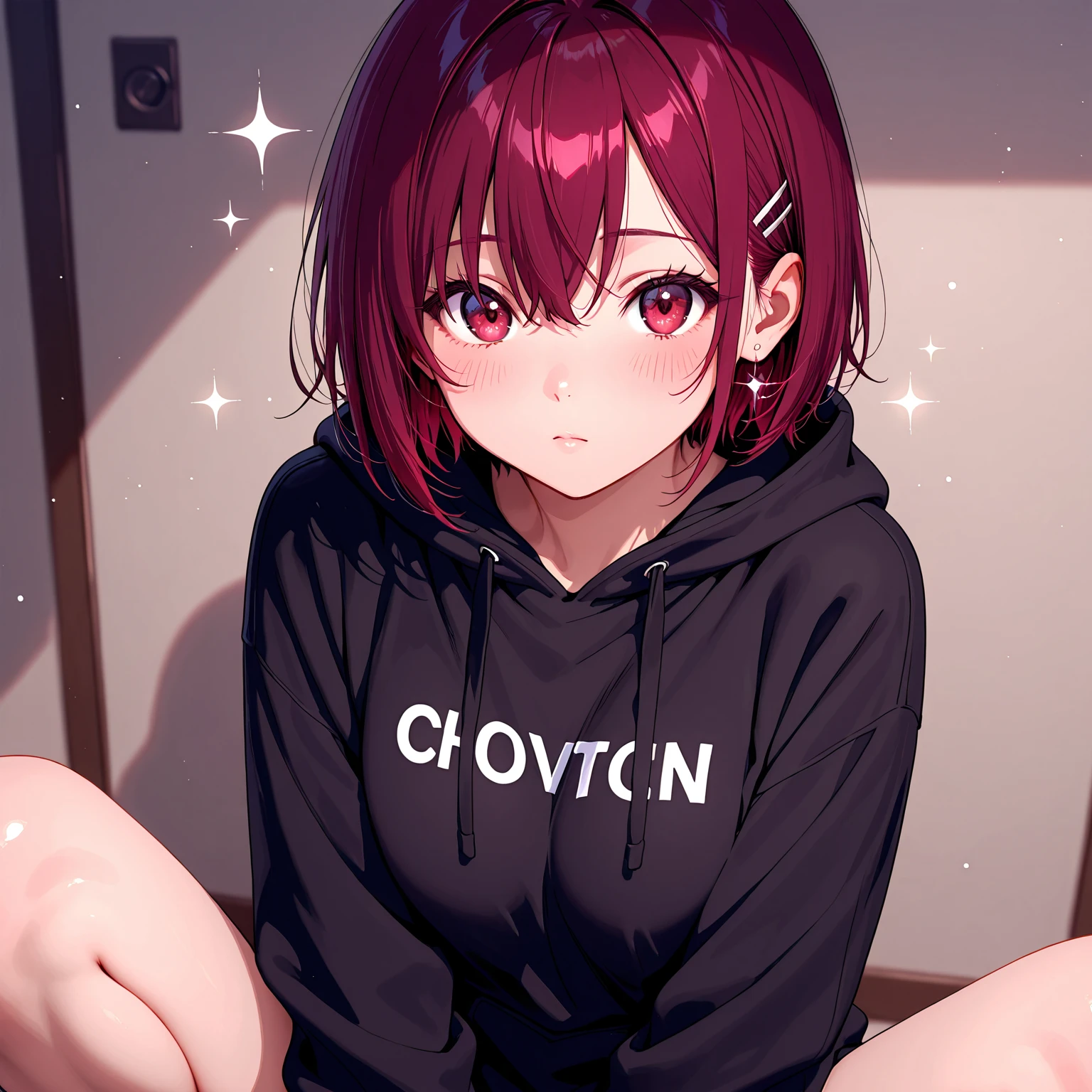 Ginger hair, blue eyes, rounded rear, good breast, thick thighs, wide hips, tall, freckles, at bed, close to viewer, short tomboyish hair, tomboy, messy hair, black hoodie, one girl, orange haired, beautiful, cute, blushing, five fingers, cute, a bit chubby, soft chubby, smiling shily, big soft legs, freckles on face. Freckles on legs