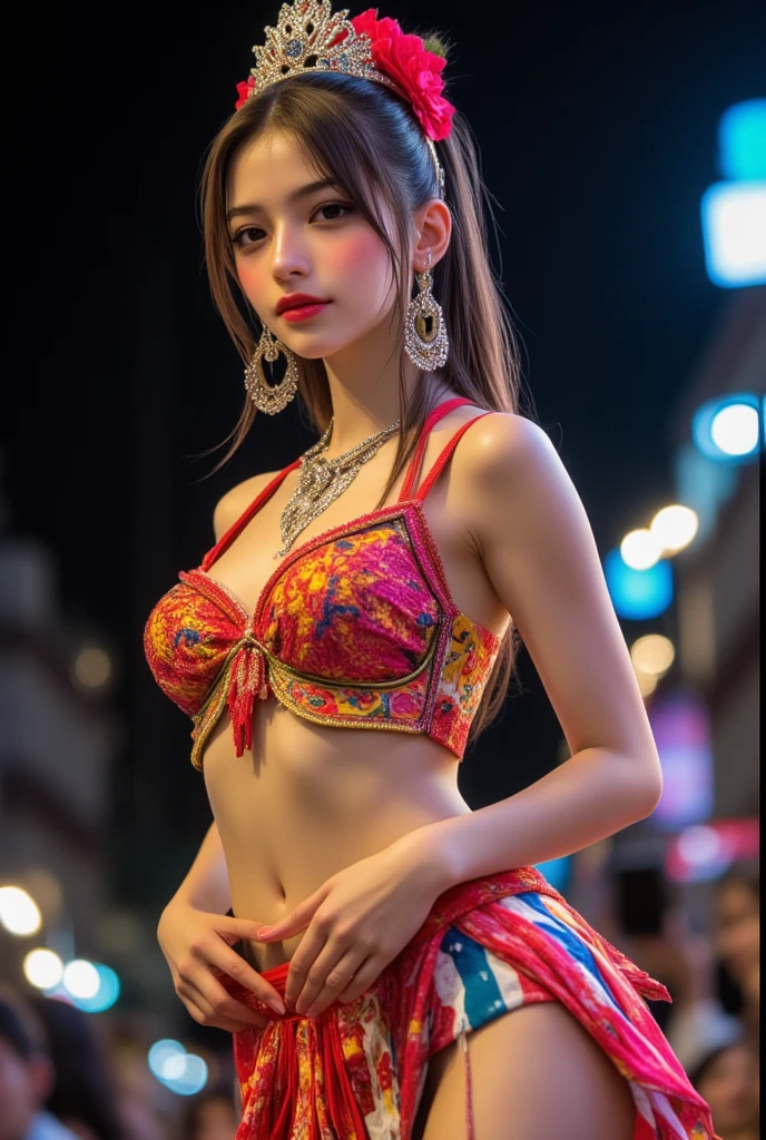 Beautiful, cute baby Face, 18 Years old russian lolita Girl, blue eyes, high ponytail hair, black hair, hair ornaments, wearing sexy pink mini kebaya dress, micro skirt, Rounded medium Breast, cleavage cutout, slightly Chubby , luxury necklace, White Skin, Smiling, Dark City Background, full body portrait, high heels, Perfect Potrait, Bokeh Effect, Look at Viewer, Armpit, Perfect Eye, Perfect Hand, Perfect Finger, Bracelet, Ring, ((adorable:1.2)), ((masterpiece:1.1)), ((bokeh:1.2)), wet skin, open half breast, view to thigh, (torn kebaya : 1.6), (torn clothes : 1.6), cluster, naughty