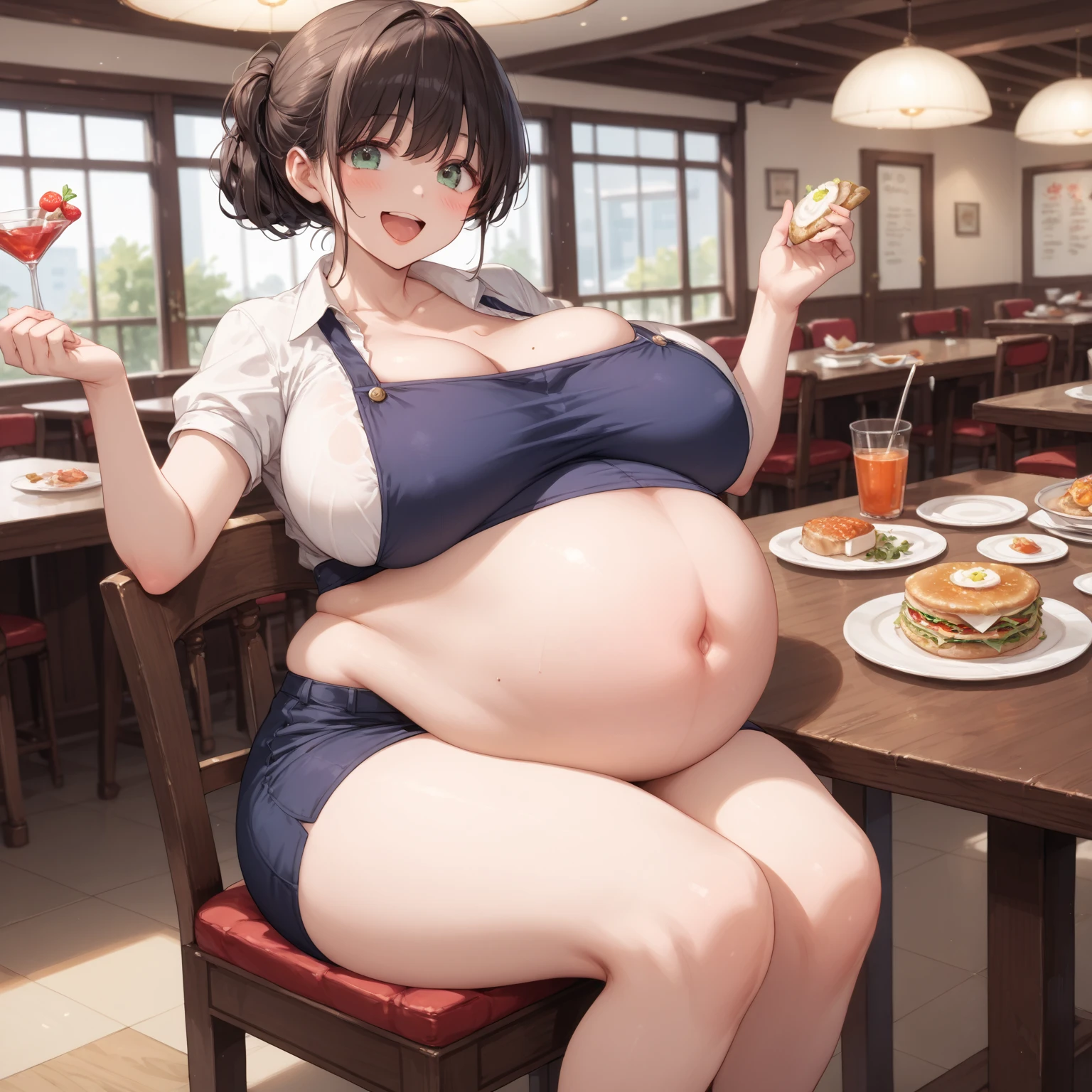 Christina Hendricks, masterpiece quality, (masterpiece quality:1.3), high res, realistic, lots of detail, alone, 1girl, (1girl:1.9), solo, in a busy restaurant, large buffet table in background, at a Golden Corral buffet, short hair, wearing choker collar, topless, naked breasts, (naked breasts:1.9), wearing blue jean miniskirt, (wearing blue jean miniskirt:1.5), wearing fishnet stockings, wearing g-string, chubby body, fat belly, (fat belly:1.5), very fat belly, big breasts, (big breasts:1.3), worried, (worried face:1.5), blushing, (blushing:1.3),