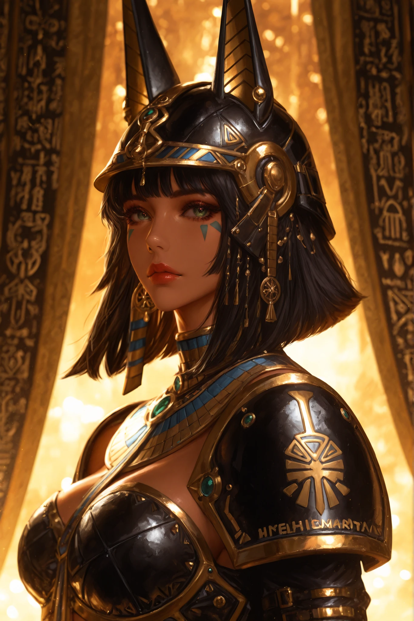 (melhor qualidade, Fotorealista, Altamente detalhado:1.2), futuristic combat helmet design with hieroglyphic marks, pharaohpunk, full body photo of a beautiful woman in gold and black armor inspired by Egypt, with elegant curves in a fantasy style in the style of Guweiz, yoji shinkawa, e artgerm. Hieroglyphic symbols with soft lighting, cinematic and hyper-realistic in detail.