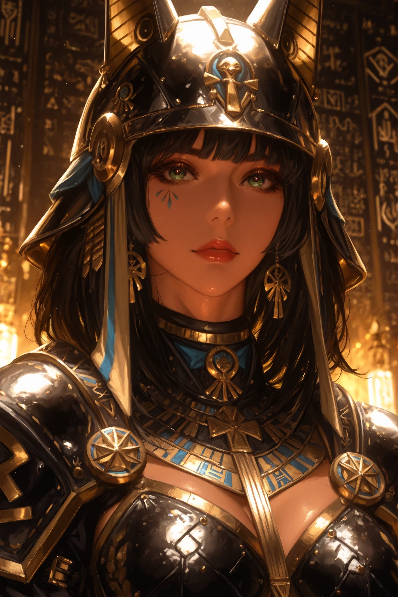 (melhor qualidade, Fotorealista, Altamente detalhado:1.2), futuristic combat helmet design with hieroglyphic marks, pharaohpunk, full body photo of a beautiful woman in gold and black armor inspired by Egypt, with elegant curves in a fantasy style in the style of Guweiz, yoji shinkawa, e artgerm. Hieroglyphic symbols with soft lighting, cinematic and hyper-realistic in detail.