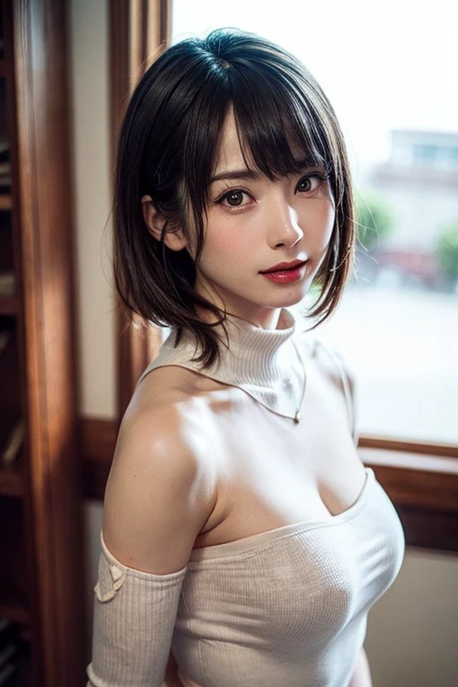 (masutepiece, top-quality、Very attractive adult beauty、Add intense highlights to the eyes、Look firmly at the camera:1.4、Beautiful woman full of adult charm、Ideal ratio body proportions、Perfect Anatomy、Brunette Short Bob Hair、Lustrous hair、lipgloss),1girl in, 独奏, Light brown shiny hair, muffler,realisitic, looking at the viewers、Tilt your head slightly, Bright colored crystal light blue eyes, short shiny hair、 White turtleneck outfit with a hole in the center of the chest,Sexy white turtleneck knit sweater with a round hole in the middle of the chest、 s lips, lipgloss,bangss, The upper part of the body、big eye、Lashes、The face is a little red、Embarrassing)、((Road system in Italy in winter))、((Shorthair with bangs、big eye、Put very strong highlights in your students、{Gigantic|Big|Huge|Mega} breasts:1.4、beautiful deep valley、very Bigger breasts:1.4、gazing at viewer、Very beautiful beauty、Put your ears out、long beautiful neck、little smiling、Beautiful teeth、Open your mouth and smile、Heart-shaped pupil))、28 year old、Very cute supermodel、