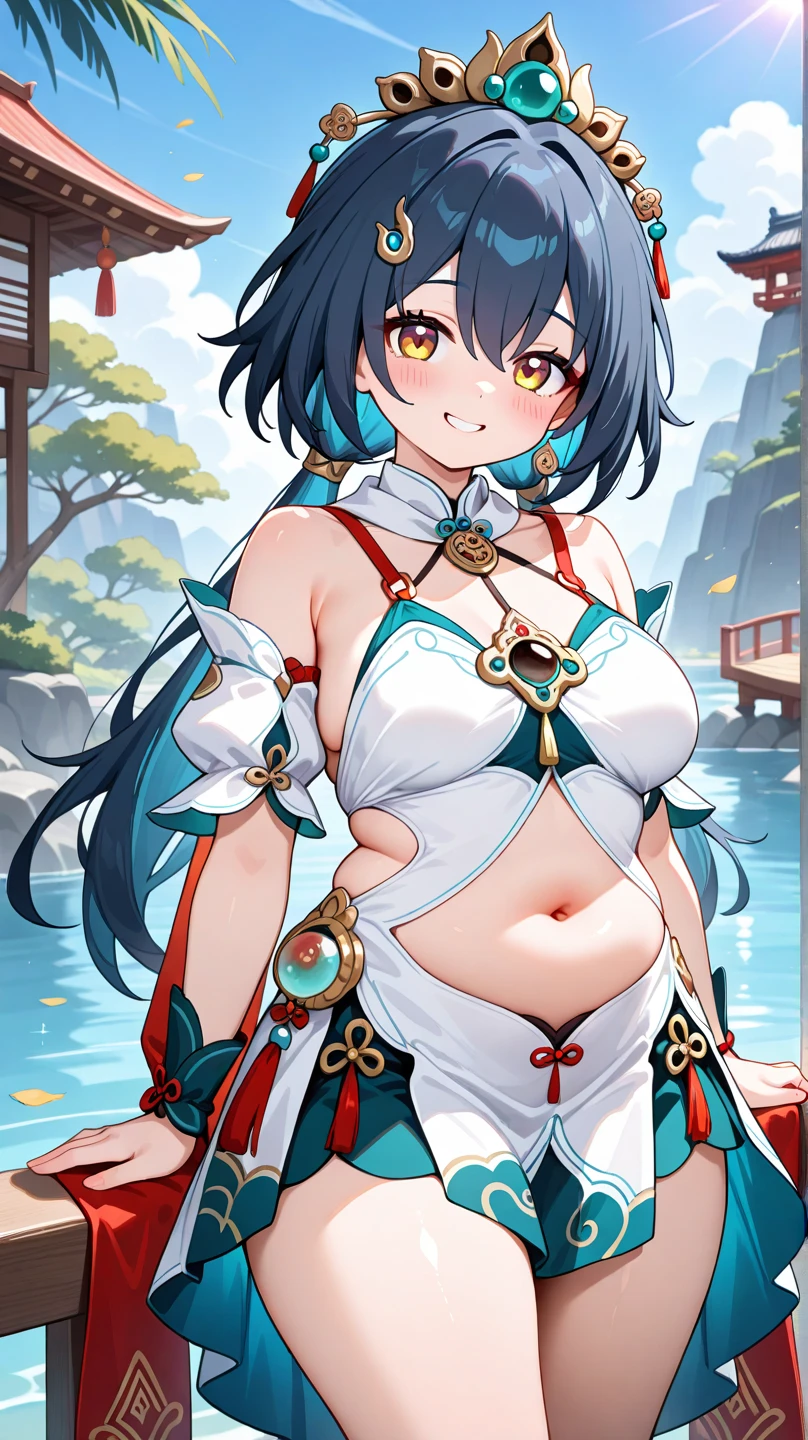 1girl, dusk \(arknights\), arknights,(masterpiece, best quality), newest, ,naked , original outfit, , by nyantcha, black hair, horns, by omone hokoma agm, dragon tail , orange eyes, desert , exposed pussy , happy , open mouth