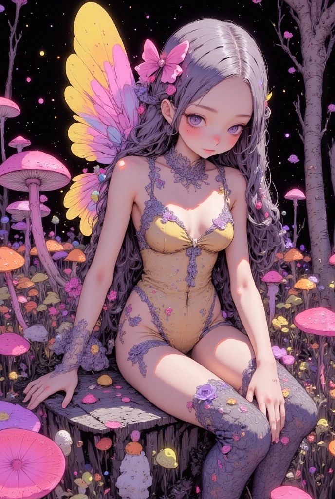 A cute fairy (crystalline butterfly wings, prismatic hair, large eyes, nude) has gotten drunk on honeydew. She is passed out on the top of a toadstool fingering her pussy. enchanted woods