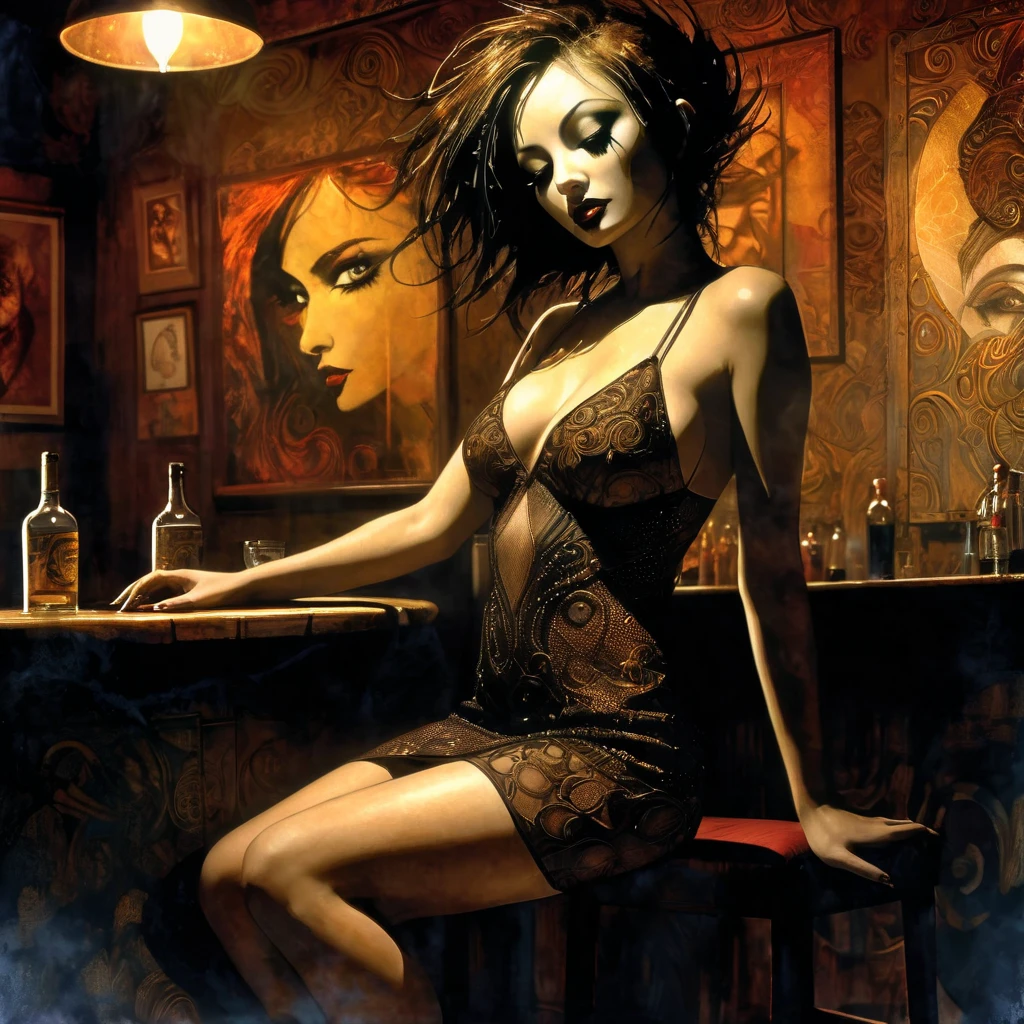 the sexy pub waitress (art inspired by Frank Miller's Sin City). oil painting)