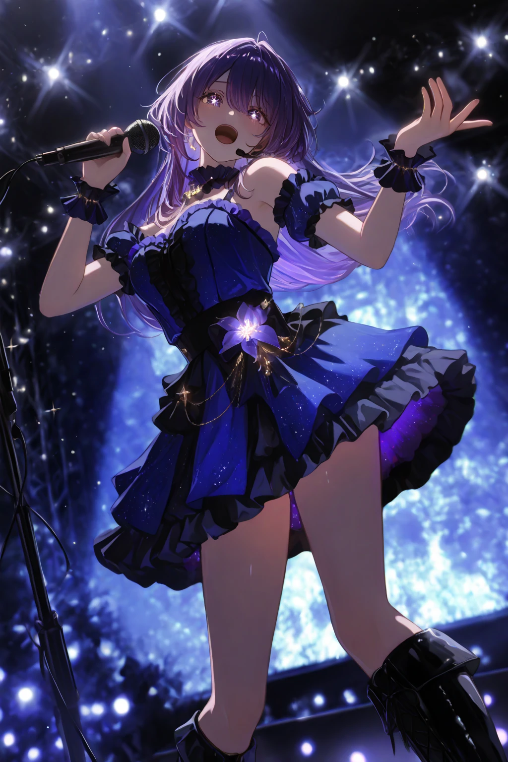 ((masterpiece， best quality))，Idol singer，Shining stage background，sunglasses，Delicate face，Smile，whole body，Perfect body proportions，Sparkling eyes，sexly，Tattoo，Extremely beautiful，transparent，High heel，Fishnet stockings，Starlight decoration