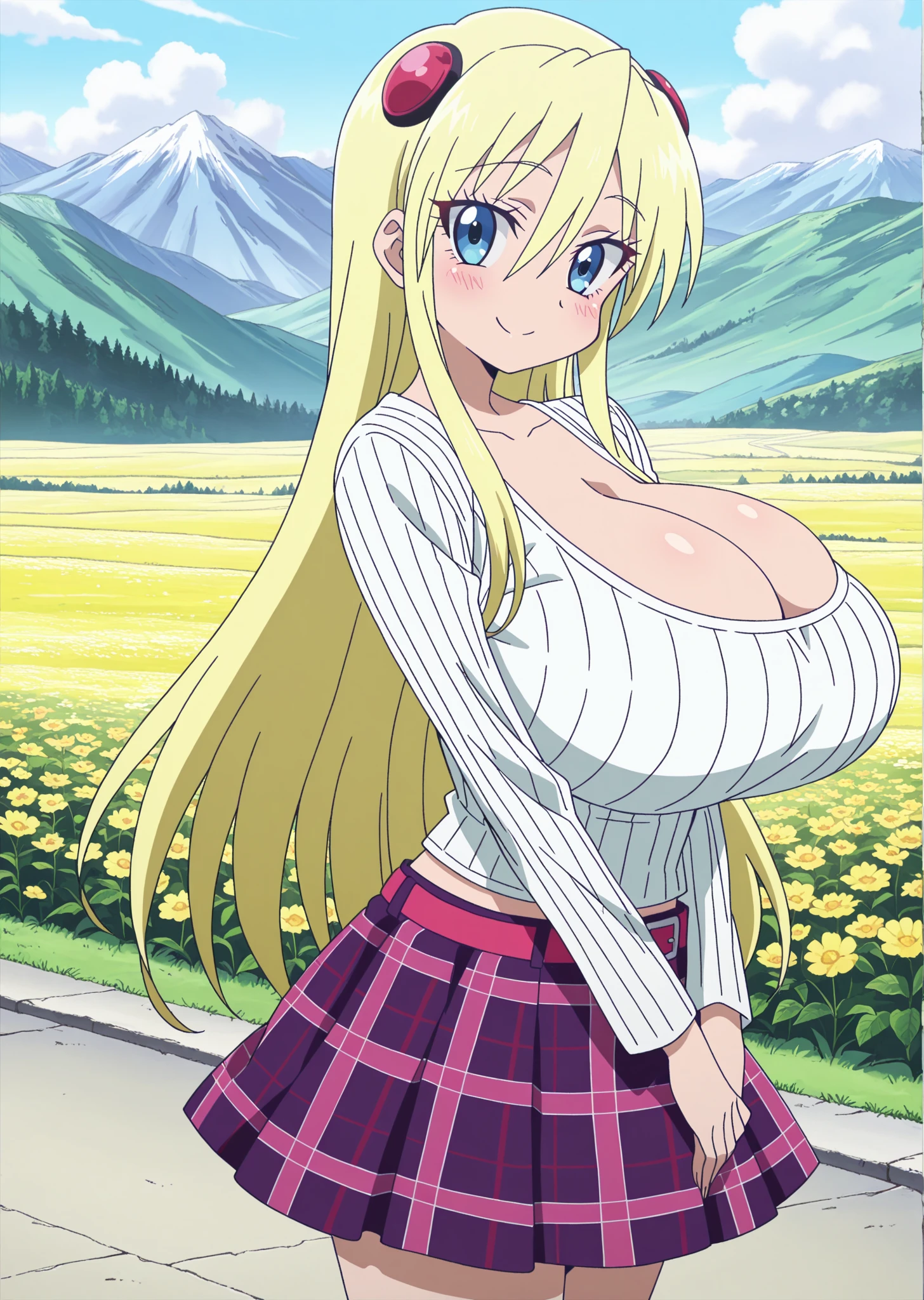 (anime art style), masterpiece, best quality, very aesthetic, absurdres, dynamic shadows, atmosferic, minamifuyuki, ((1girl)), antenna hair, blonde hair, long hair, sidelocks, ahoge, eyeslashes, blue eyes, large breasts, sexy, cleavage, white sneakers, turtleneck sweater, white sweater, cutout on cleavage, micro shorts, denim shorts, black thighhighs, bare arms, borrowed, embarrased, intense blush, ((feet out of frame)), (from front), (grass), (afternoon), (autumn), (trees), (clouds), (standing), (looking at viewer:1.0)