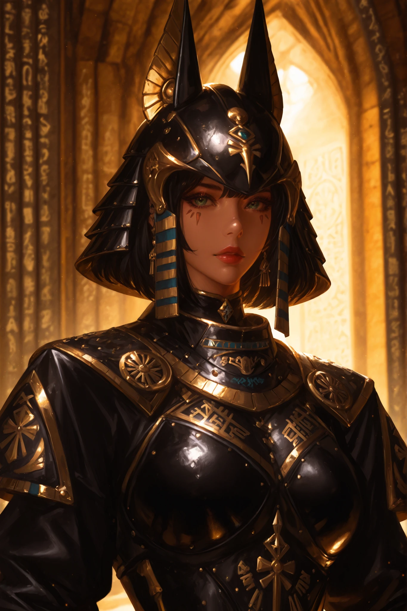 (melhor qualidade, Fotorealista, Altamente detalhado:1.2), futuristic combat helmet design with hieroglyphic marks, pharaohpunk, full body photo of a beautiful woman in gold and black armor inspired by Egypt, with elegant curves in a fantasy style in the style of Guweiz, yoji shinkawa, e artgerm. Hieroglyphic symbols with soft lighting, cinematic and hyper-realistic in detail.