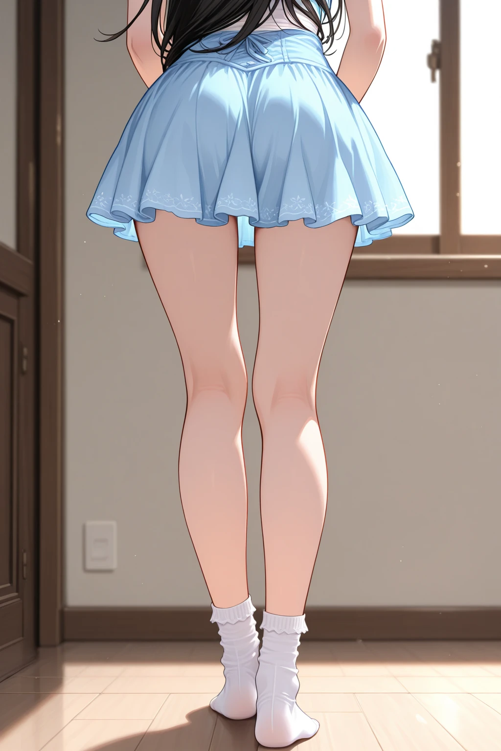 8K,best qualtiy、ultra-detailliert、masterpiece、realisitic、Photo Real、(28-year-old woman、Classy hairstyle),(((White bra on top、Underneath is a high school skirt))),((((Pull up the skirt with both hands、Showing a crotch of white panties))))、((red blush、watching at viewers))、(Half body shot)、(inside in room)、((Angle from directly below、Focus on the crotch、Background blur))、((small tits、Very skinny body、very thin thighs、very slender legs))、