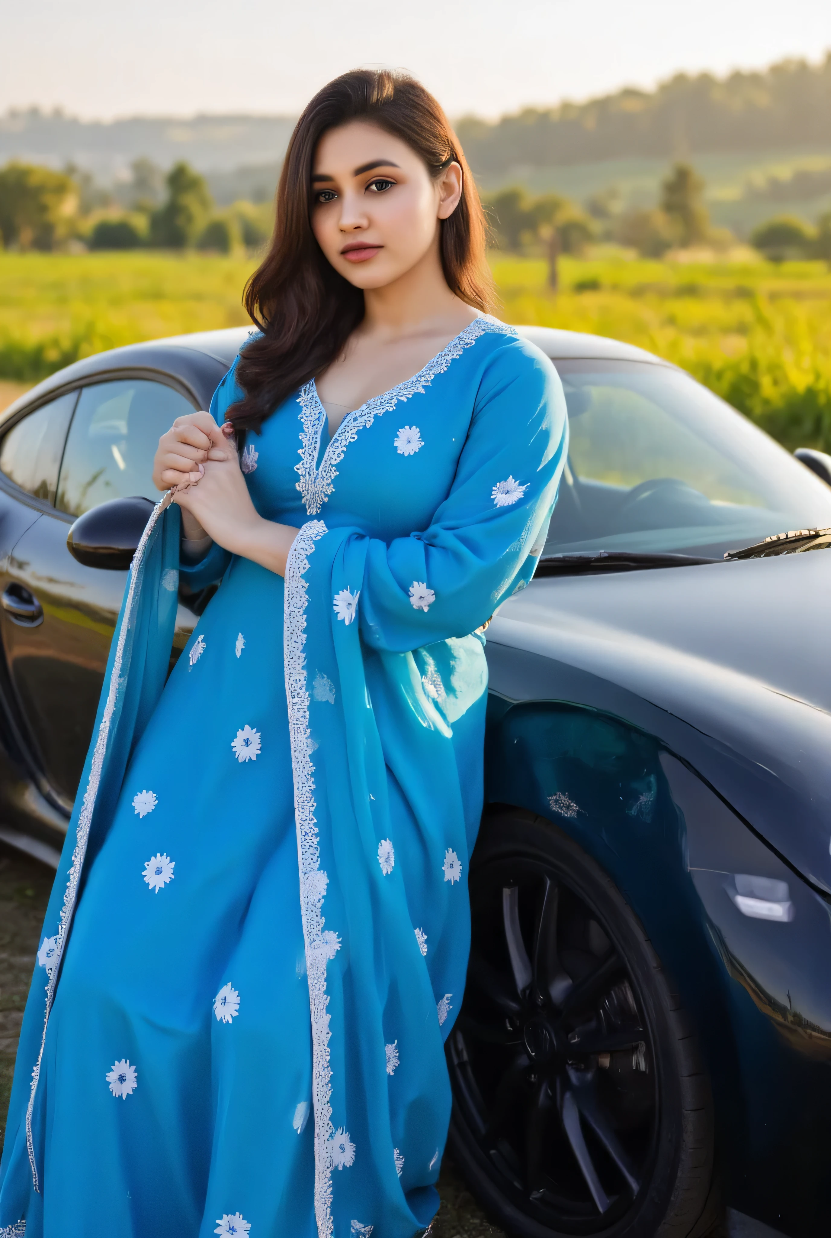 Girl in punjabi blue suit pic with Black Porsche 911 gt3 with punjab farms in background