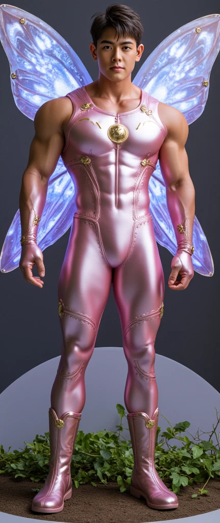 pink image: 3d modeling, man, model, handsome, bald, hairless, shiny skin, horns (small), bat wings, muscular. jumpsuit, bow, arrow, skate, piercing, tattoo. strong and powerful. background: out of focus, incandescent light, pink water.