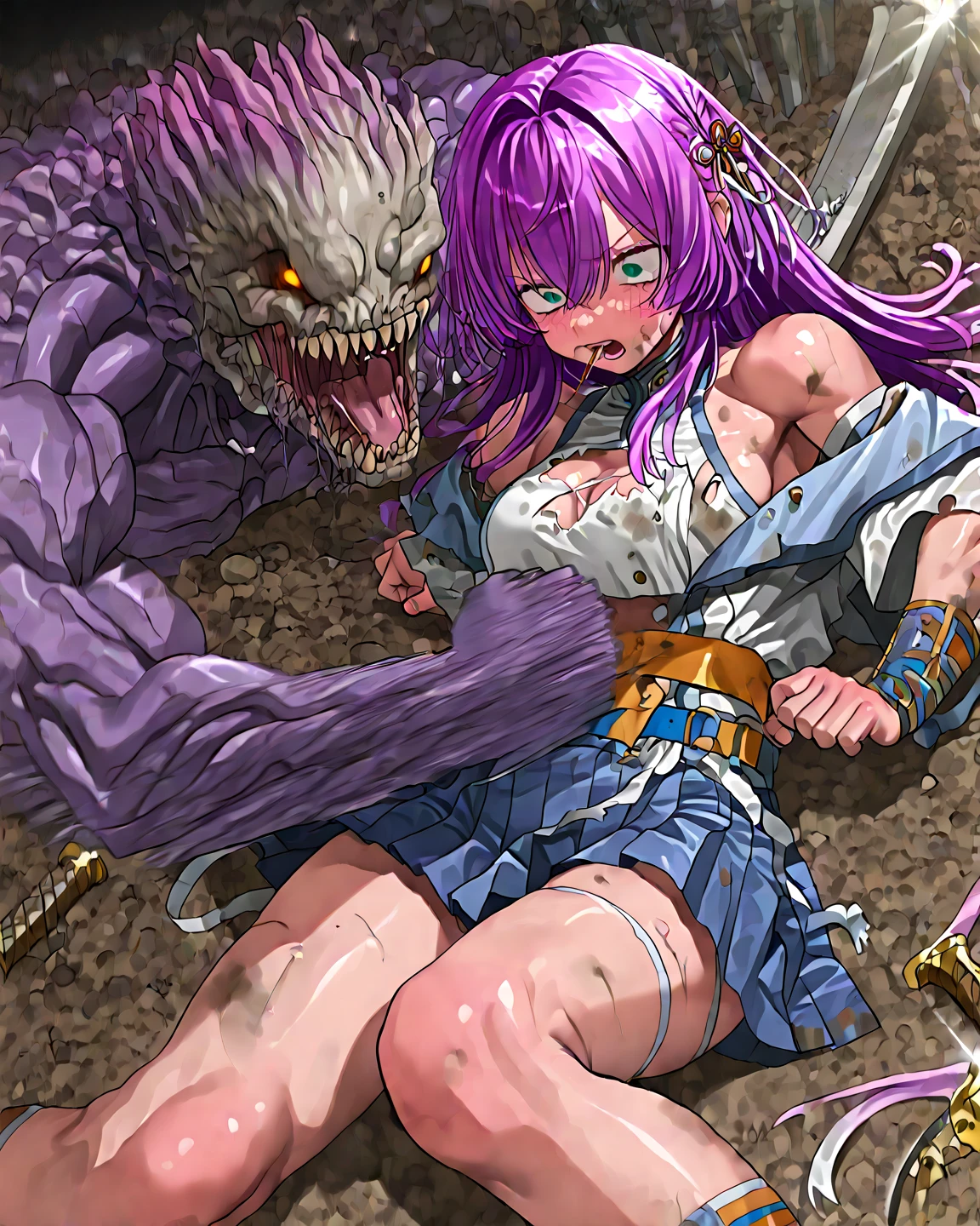 highest quality、Anime Style、Intense Battle、long light purple hair(unkempt)Women(Frightened face、Crying face、Medium breast、white body armor(Off the shoulder、No sleeve、Chest exposed、Belly button、Beautiful arms、Elbow exposed、High leg、Thigh exposure、Knee exposed)、run away)、Lizardman fighting a woman、Lizardman attacks woman、Lizardmen surrounding a woman、darkness、Pitch Black Hell、Dark fantasy、another world