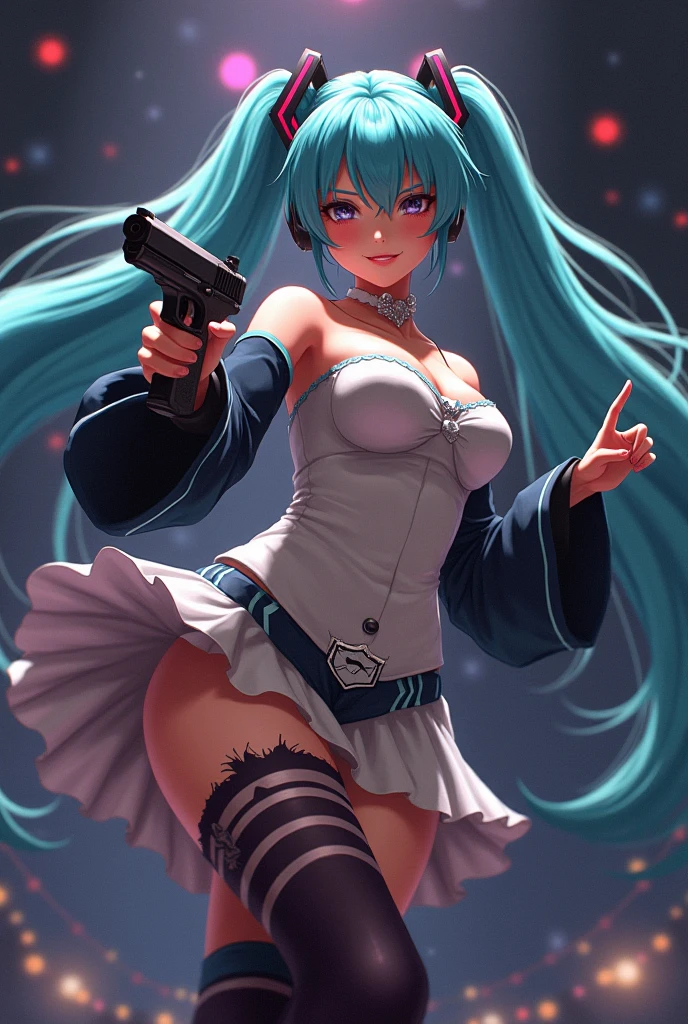 Hatsune Miku、Anime girl with long hair and a gun in her hand,Shimashima Pantiesがよく見える、Hatsune Miku、Squatting、spread legs、show panties,super mini skirt、緑と白のShimashima Panties、From miniskirt to c Kantai Collection style,Shimashima Panties、super mini skirt、 portrait anime space cadet girl, Best Anime 4K Kona-chan Wallpaper, terrible anime 8k, High-definition official artwork, Trending with Art Station Pixiv, perfect android girl, cyborg - girl with silver hair, anime style 4k, anime art wallpaper 8k, azur lane style