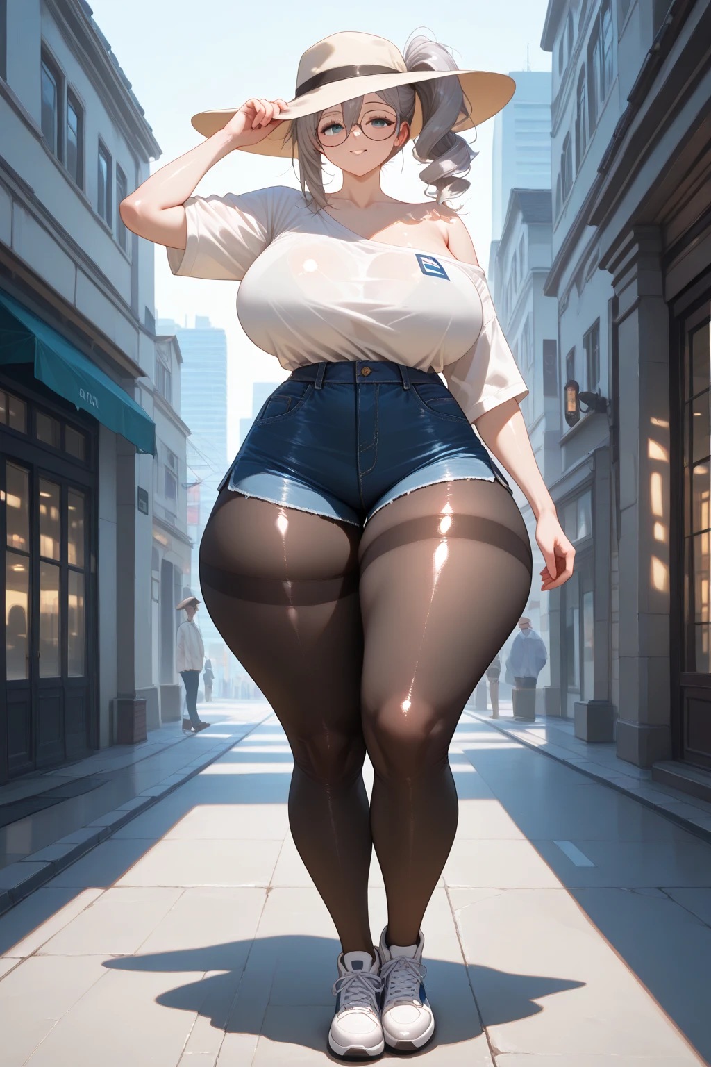 (Masterpiece, Best Quality, Hyper realistic:1.3), ultra high resolution, natural shading, Luz outfit, clean skin, illustration, street, tree, pavement, tall building, Perfect eyes, mqmf, mature woman, short brown hair, green eyes, seductive eyes, seductive smile on the lip, blush, big breasts, very wide hip, thick thigh, White collared shirt, FROM THE FRONT, naked from the waist down, moderate pubic hair,