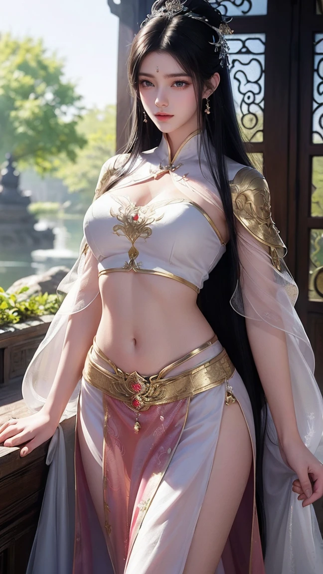 1 girl, renaissance woman,very bright light, Pouting,jwy1,((perspective)), {Beautiful and delicate eyes}, ((Put your hands behind your back)),luxury gems, crown, wet, rainy forest, Number 18,(Angel_wing),chibi,1 girl,Wenyangro Lahi,Rabbit ears,long skirt,long hair, hair,huge ,huge breasts,Show breasts,exposing her chest