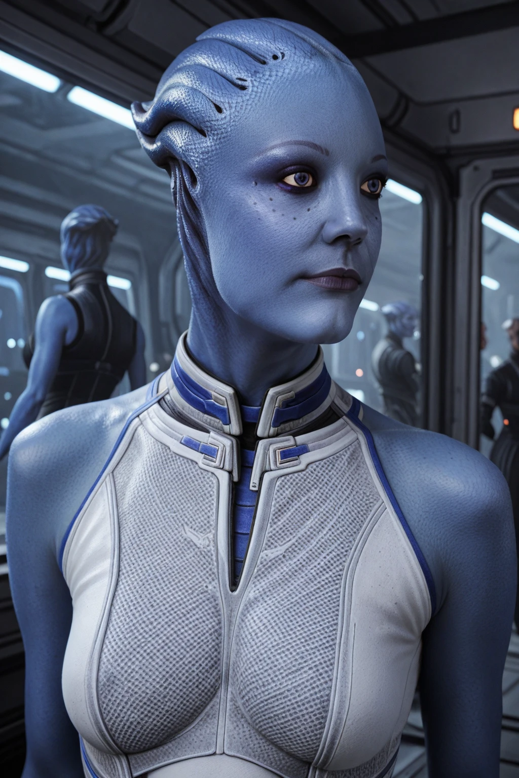 liara, asari, woman with blue skin wearing an armor and a choker, masterpiece, 4k, modelshoot, <lora:liara-me:0.8>