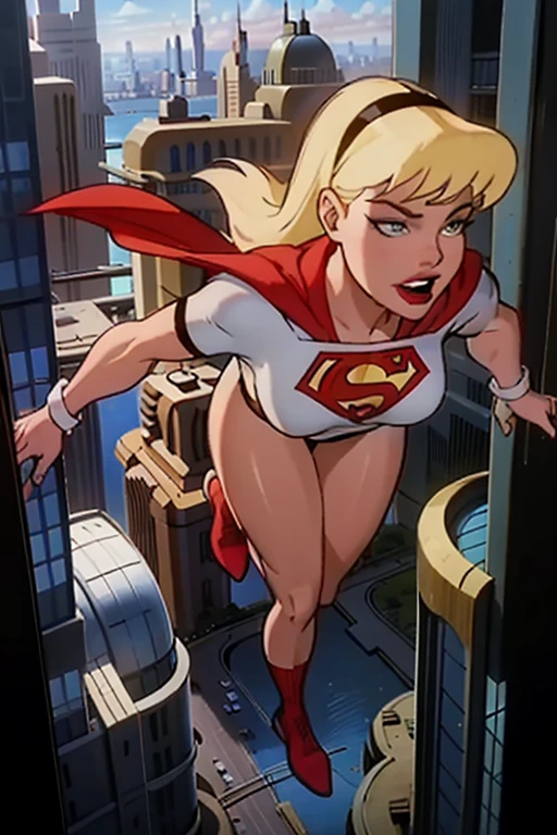 (cowboy shot), (((camel toe))), (masterpiece), (Best Quality: 1.0), (ultra high resolution: 1.0), detailed eyes, BREAK Supergirl, 1 girl, long blonde hair, hair band, \(white\) crop top, Dolphin shorts, gloves, boots BREAK (clouds, city, Awesome view) sexy, Awesome, flying in the air, sexy, big, ((big hips)), flying in the air, sexy, big, Without trousers, vagina visible