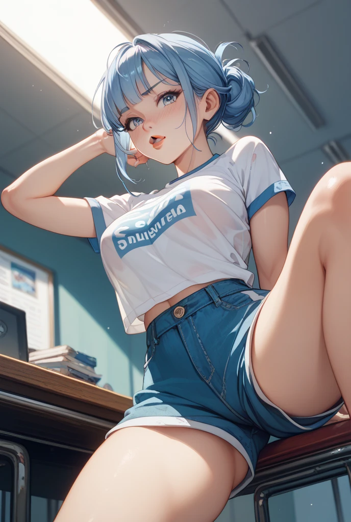 (bedroom, A desk full of computers, 푹신한 chair, hacker:1.5), chair, (chair에 앉아 있는:1.5), window, (morning, sunlight:1.5), (Beautiful shades:1.5), (dynamic angle:1.5), [ 4k digital art ]!!,(big bust, prominent cleavage:1.5), (Black eyes with a slight purple tint:1.5), (a devastated expression, dead eyes, dark atmosphere:1.5), (white hair, long hair, weak perm:1.5), (oversized shirt, hot pants, :1.5), (bare foot, round-rimmed glasses:1.5), (Aegyo belly fat, Folded belly:1.5), (smiling faintly:1.5),(thin legs, thin:1.5)