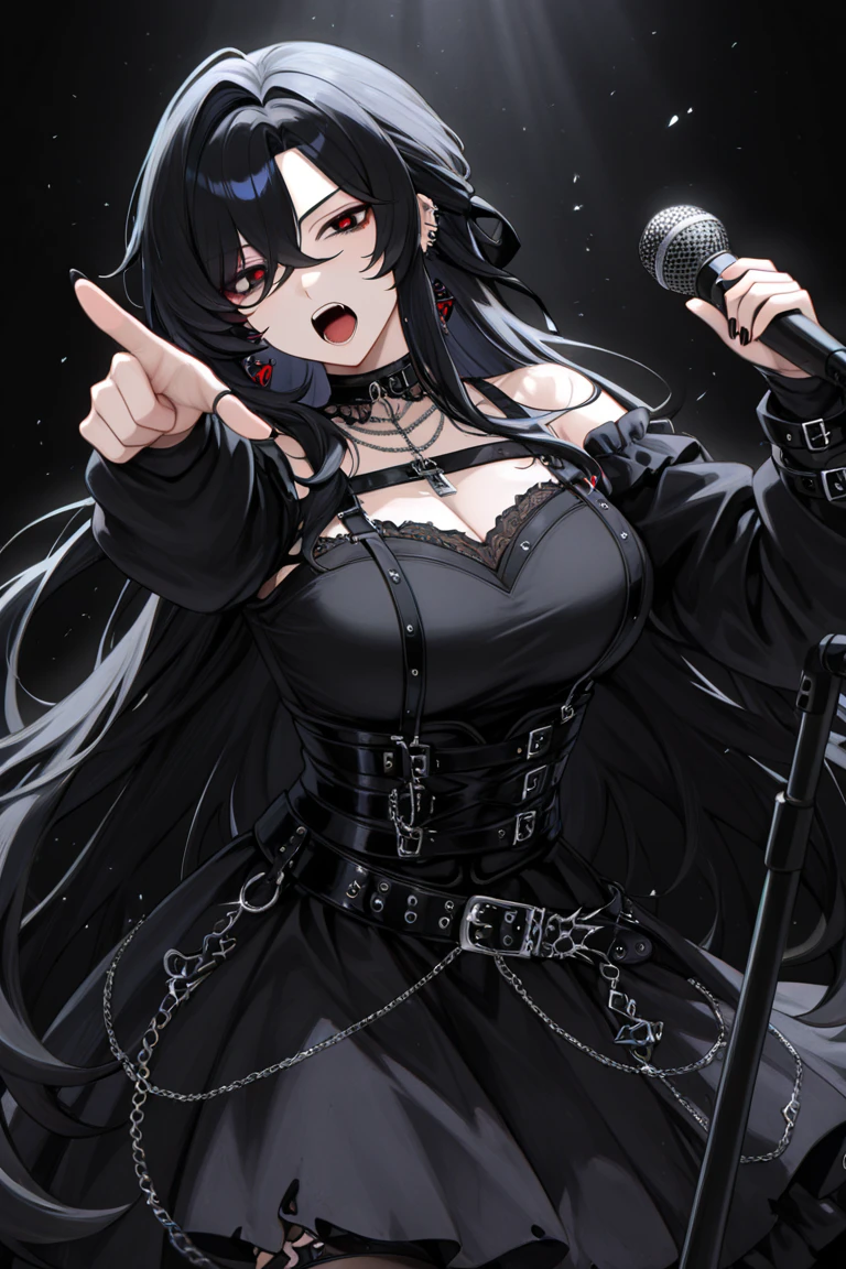 disaster々Close-up of glowing devils eyes, Dark and chilling elements of horror movies, perfect masterpiece, High quality, High resolution,Two Women,Singing on stage with a microphone