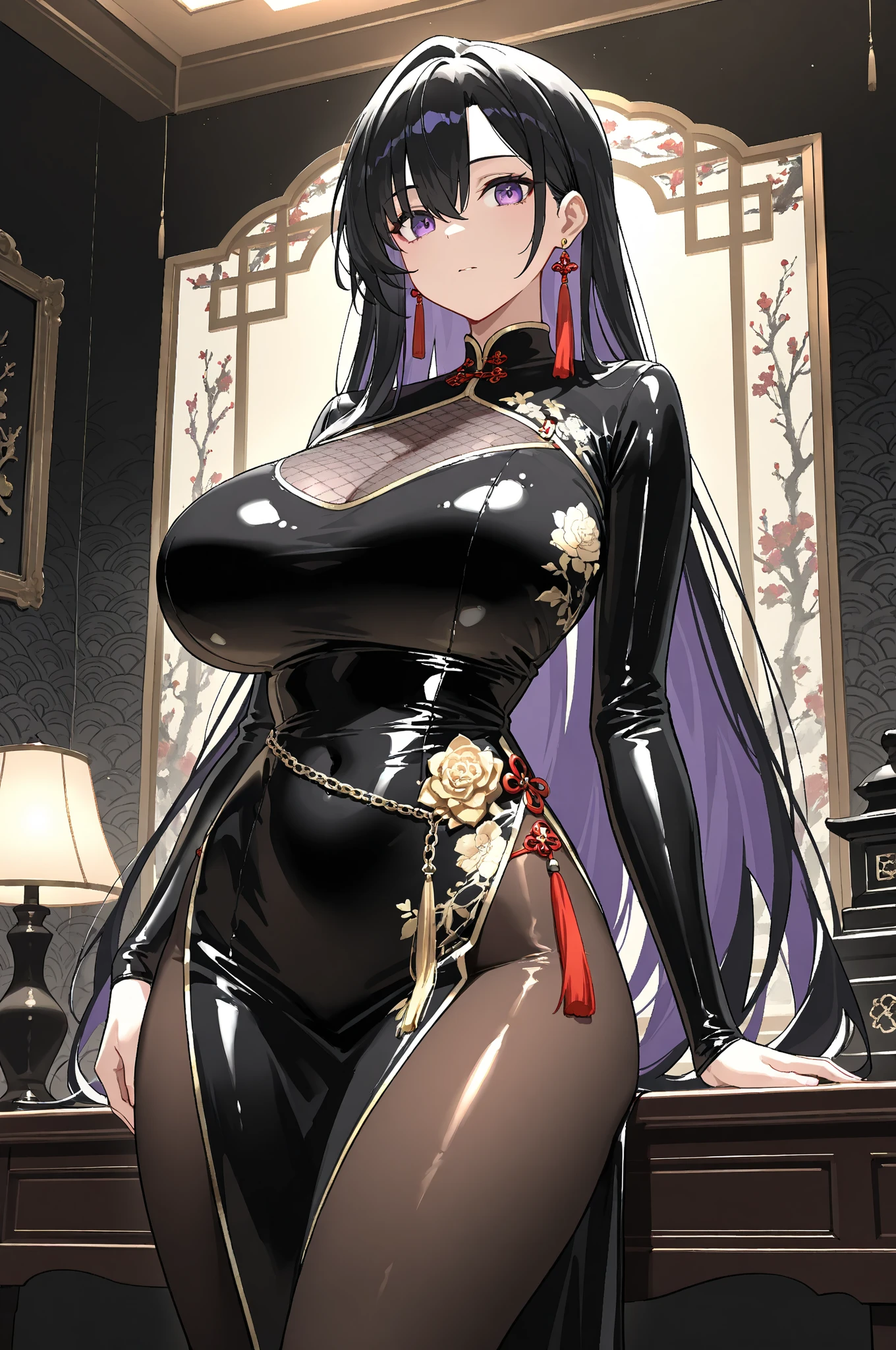 Una hermosa mujer mayor , Long straight hair with silver-colored bangs with crimson eyes , con un voluptuoso pecho. He wore a dark Taoist robe with gold patterns..