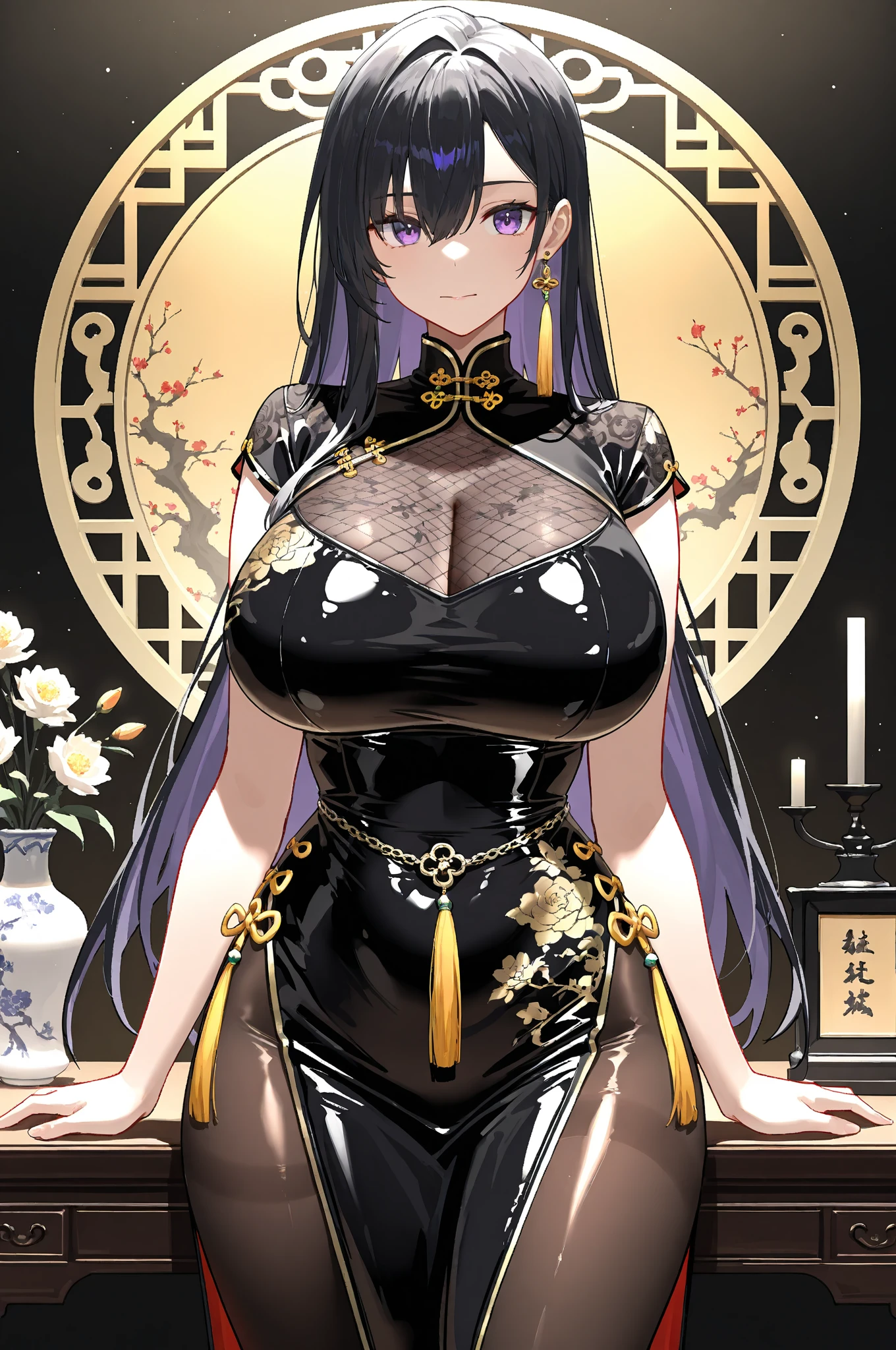 black background, in the art nouveau style, with many small flowers and plants, a Oiran surrounded by butterflies, Japanese fans, Japanese patterned paper in the corners, with delicate details, in dark gold and light green colors, a colorful design, in the ukiyoe style, black ground, in dark purple and white colors, (Big breasts), (Black hair :1.3), (Cute pose: 1.2), Plump and glossy lips, beautiful clear eyes, (Vest (Smile), Spoken Heart, (Perfect Hand: 1.2), (gold Theme: 1.4), (Maxi-length black kimono), with high resolution,32k, Top quality, Super detail, Masterpiece,