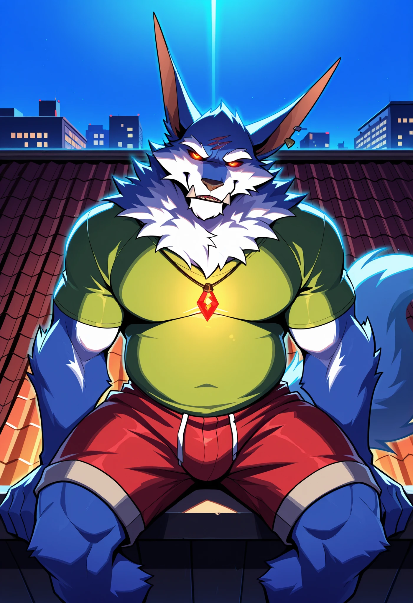 4k, score_9, score_8_up, score_7_up, mature, male focus, male, (detailed face), (detailed eyes), sharp focus, masterpiece, best quality, amazing quality, good lighting, anthro, male focus, furry male, furry, bara, 5finger, slightly chubby, warwick_lol anthro, warwick_lol brindle fur, sitting on ledge with outline, rooftop garden, crimson bloodlight, casual shorts, hopeful, glowing pendant, l1ndong