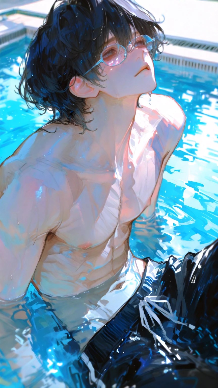 Full body image, Boy 18 years old, big muscles, shirtless, short hair, sexy, tired face. Sexy poses under the sea, armpit hair, Bottom view from the back