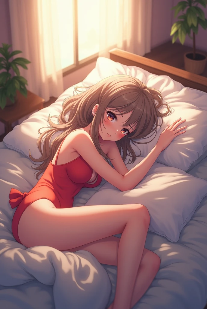 Hair band, medium hair, ribbon, socks,((((Highest quality, 8k, 32k, masterpiece, UHD: 1.2)))), pictures of cute Japan women, perfectly cute girl, one girl, man, delicate smooth skin, realistic skin, perfect and beautiful face, perfect cute face, (from top: 1.2), , (light black underwear, wet, beautiful nipple slip: 1.4)), transparent flesh-colored micro bikini, standing)), shiny skin, beautiful waist constriction, masterpiece, Top quality, High resolution, Solo, Small, Indoors, Out-of-position bra, T-back, (reach: 1.2), lying down, From above, Arms extended,bed, disheveled underwear, Rough breath, Sexual expression invitation, Single girl, Light bra,,, Cleavage, Closed eyes, Lips, Long Hair, Open Mouth, photo_, pink_bra, pink_shorts, Real, Sleeping, Wet Underwear,(Masterpiece),(Photoreal: 1.3), NFSW, Ultra Detailed, (High Detail Skin: 1.2), (Best Quality: 1.0), (Ultra High Definition: 1.0), (Best Quality, 8k, 32k, Masterpiece, UHD: 1.2), ((Spread Legs)), Hide your crotch with your hands, float your hips 1 girl, 1 girl, Asuka, red clothes, Evangelion, 8K, top quality, fold hands and cross your hips