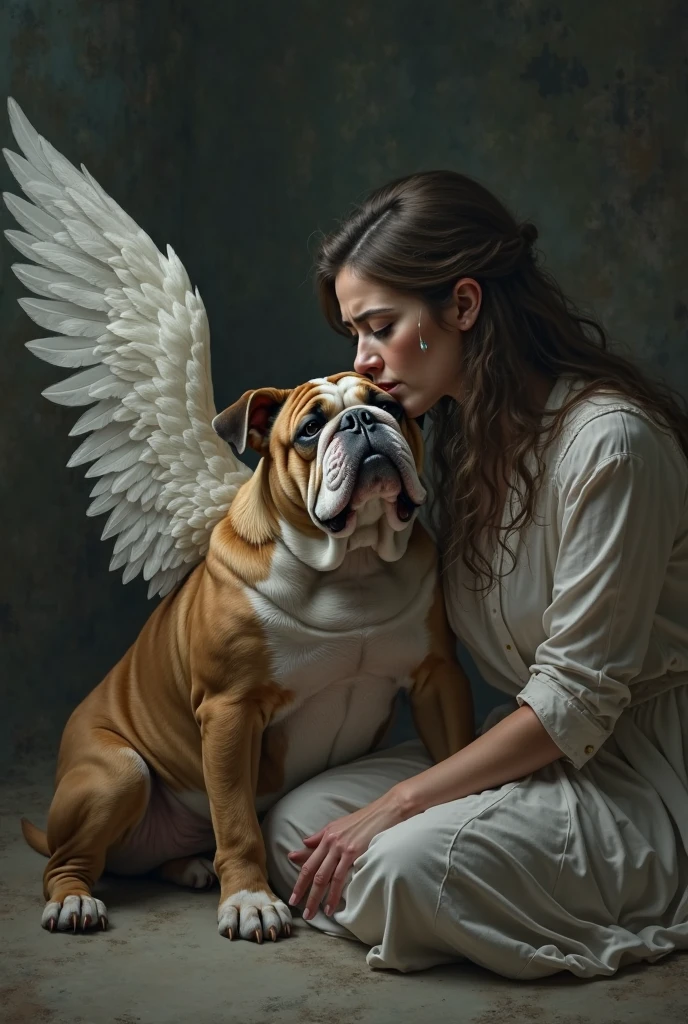 masterpiece,realist, contemporary, Baroque, Renaissance, great handling of light and dark, Black background, rembrant painting style, naked woman,with angel wings,hugging a dog, brown pitbull, a lot of detail, Roberto Ferri,