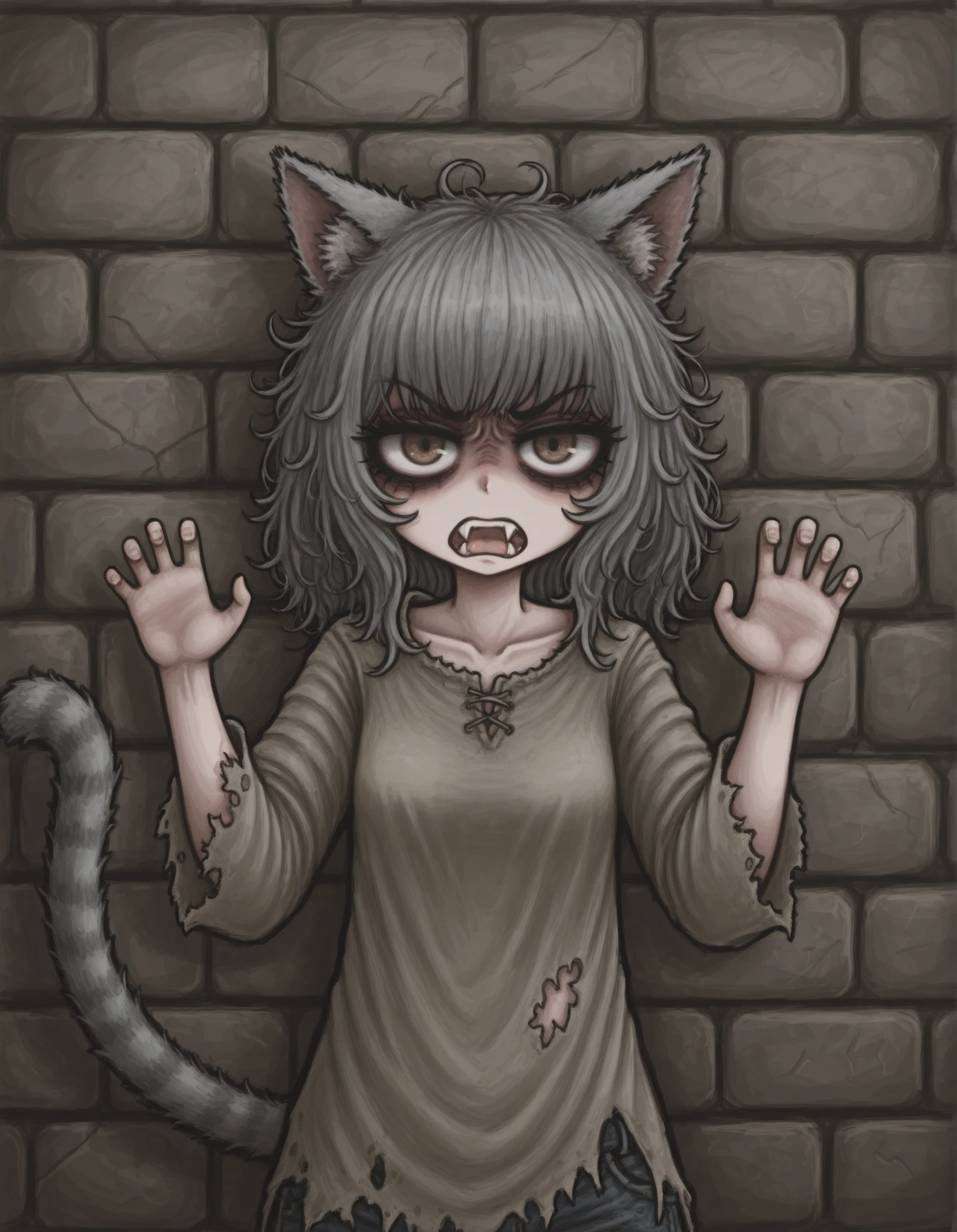 MCNS322MGG, faux traditional media,, 1girl, petite, (skinny and frail:0.7), cat girl, against wall, stone wall, brown eyes,looking at viewer, grey hair, medium hair, messy hair, angry, (scared:0.4), (open mouth:0.5), fangs, hands up, (tearing up:0.5), tail raised, torn clothes, straight-on, dark, night, outdoors, masterpiece,best quality, amazing quality,
