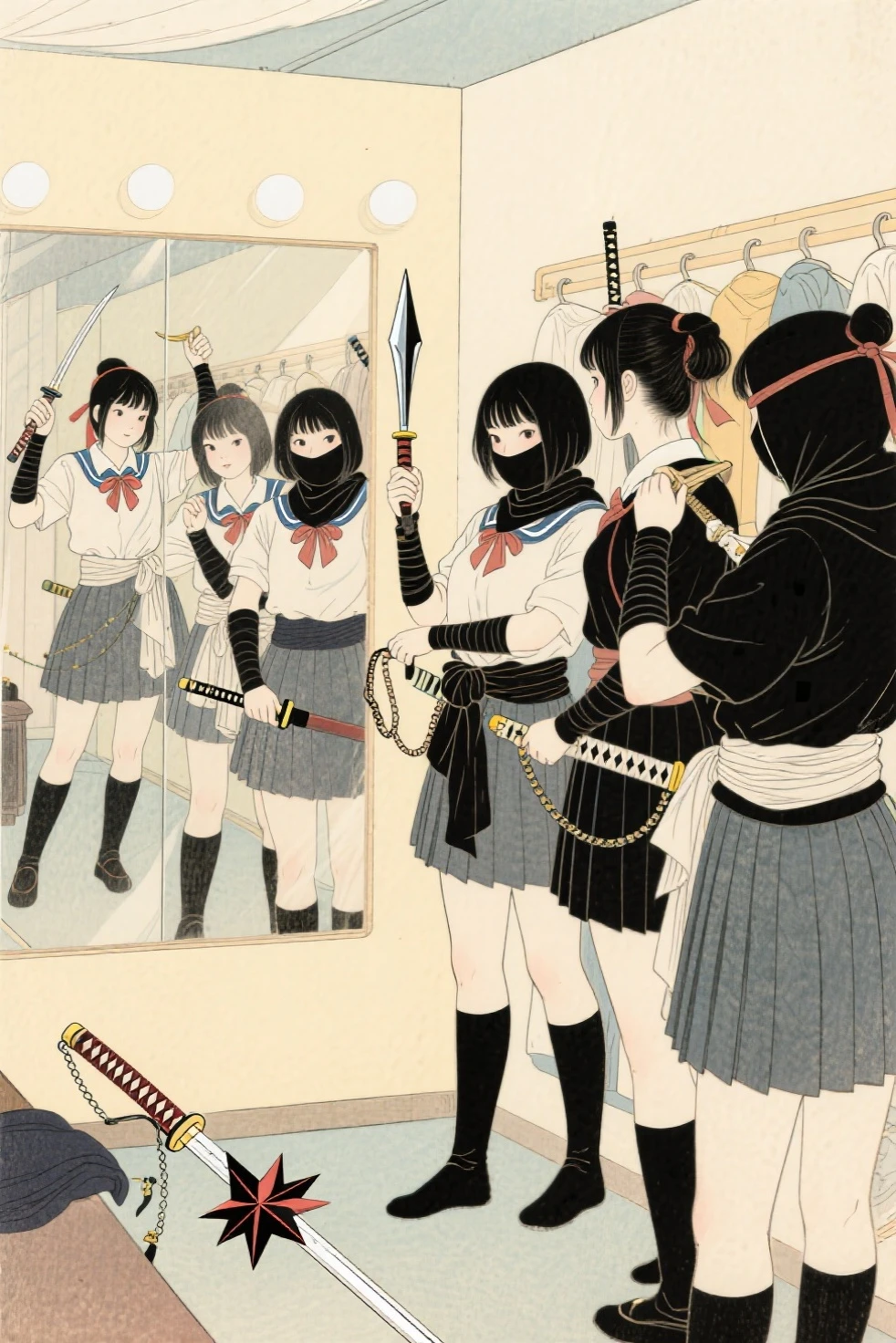 hokusai print, soft light, a group of female ninjas each holding a ninja weapon (shuriken, kunai, ninjato, kusarigama) and are changing from ninja wraps and ninja cowls into school uniforms in their celebrity dressing room as they look in the mirror wall, smoke cloud on the floor.