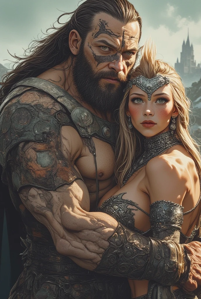 Homem e uma mulher se beijando, homem de cabelo loiro e longo, olhos azuis, peitoral gigante, corpo forte, Corpo com muita veia, armadura de viking, espada gigantesca, Mulher de cabelo curto e preto, olhos verdes, mid chest, sexy, curvas apontadas, Corpo sensual, roupa da pano, medieval setting, imagem HD, Imagem limpa, Imagem 4k, alta resolução, obra prima, manga art