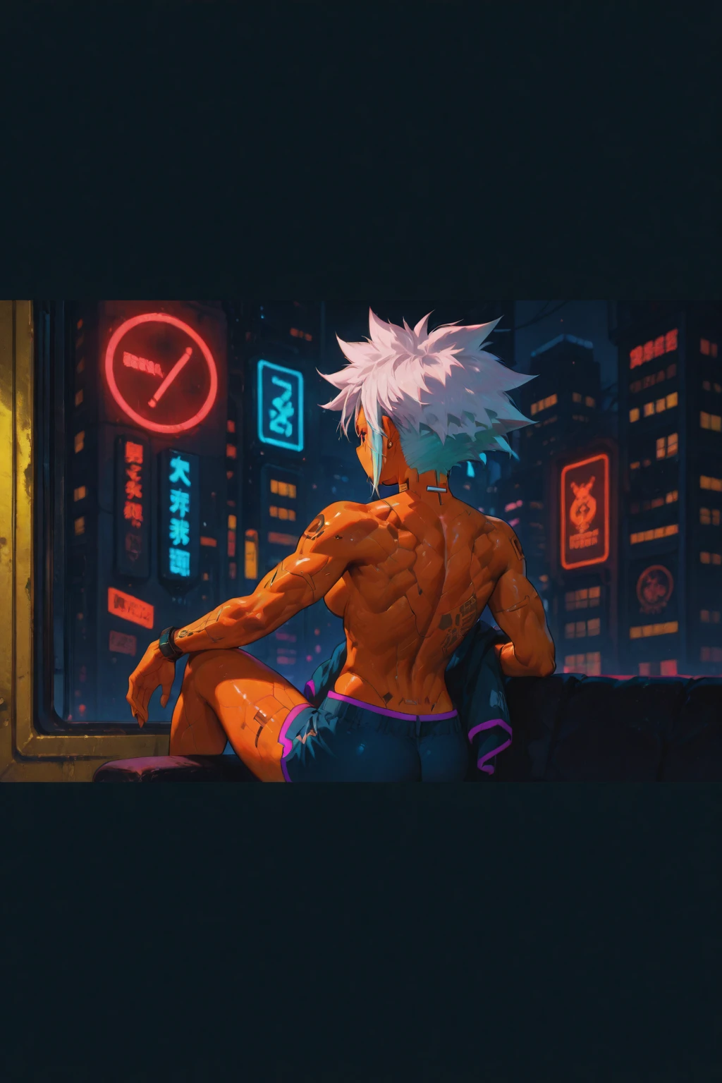 A 2 meter tall man with messy purple hair and shining eye and white skin atop a tall building at night atop a bustling city starring at a red moon half naked