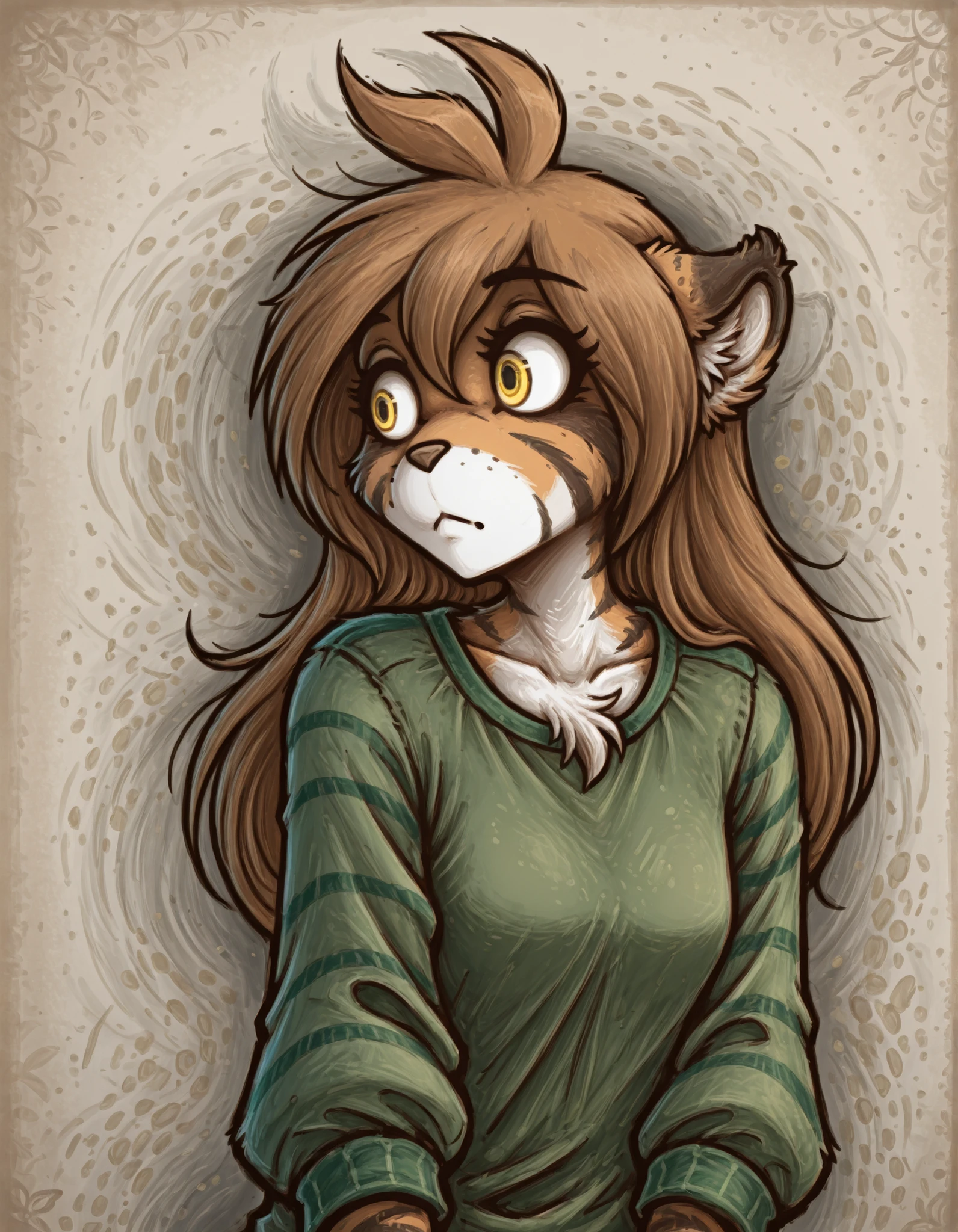 MCNS322MGG, faux traditional media,, masterpiece, best quality, very aesthetic, 1girl,, furry, solo, flora-twokinds, flora_twokinds,, tiger, striped fur, keidran, yellow eyes, anthro,, green shirt